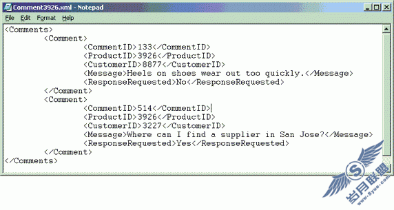 存储在 "items" 表 "comments" 列的示例 XML 文档