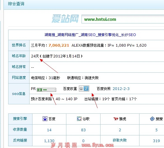 湖南SEO网站2月7日在爱站查询结果