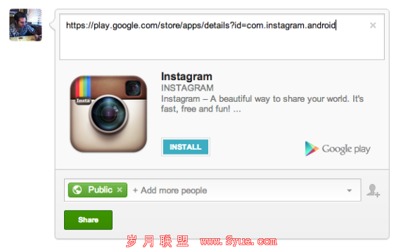 只需在Google+发布框中填写Google Play应用链接即可安装