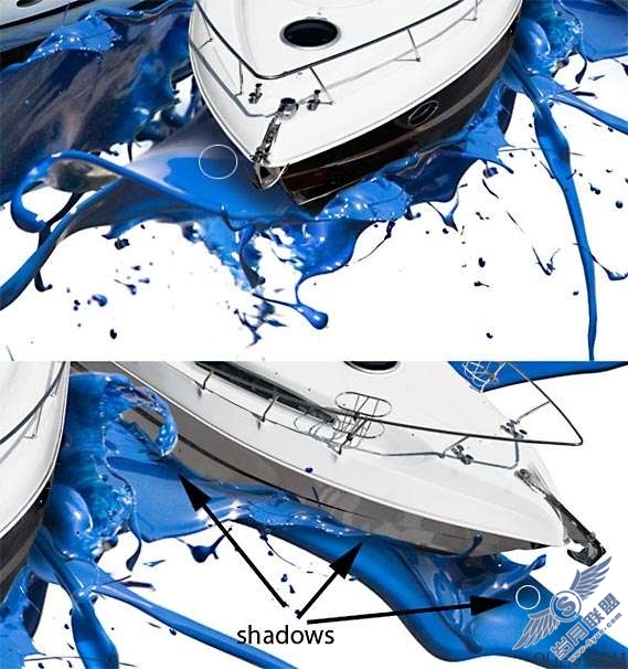 Photoshop制作蓝色油漆上的游艇【图】_