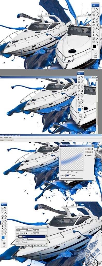 Photoshop制作蓝色油漆上的游艇【图】_